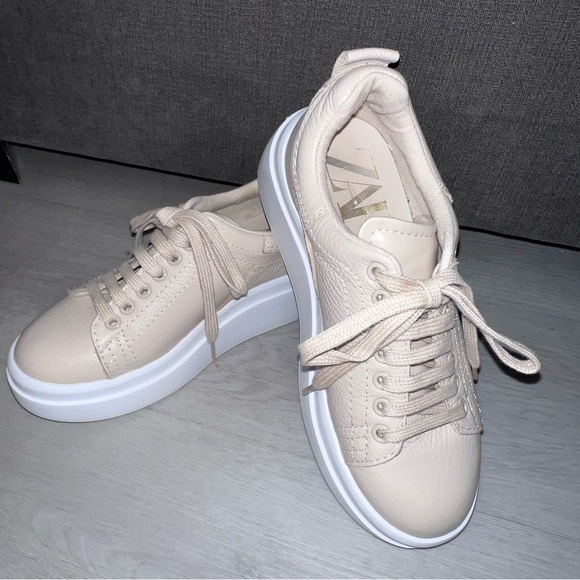 Zara Beige Nude Faux Leather Platform Sneakers - Size 6 (EU 36) - Picture 6 of 11